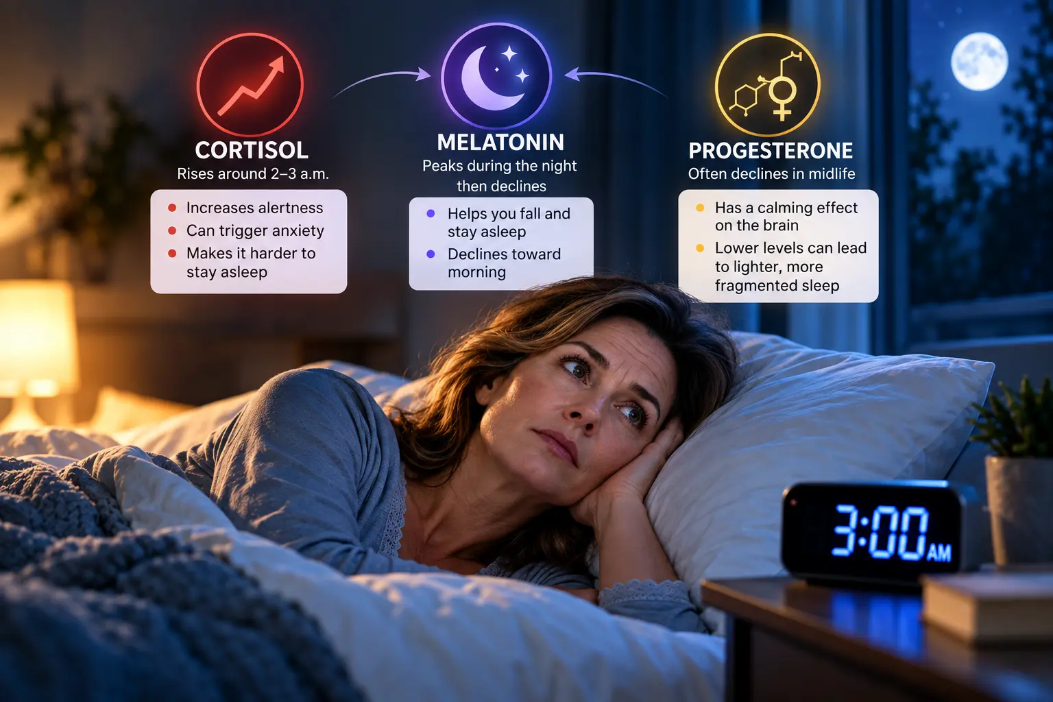Middle-aged woman awake at 3 a.m. as cortisol, melatonin, and progesterone affect sleep
