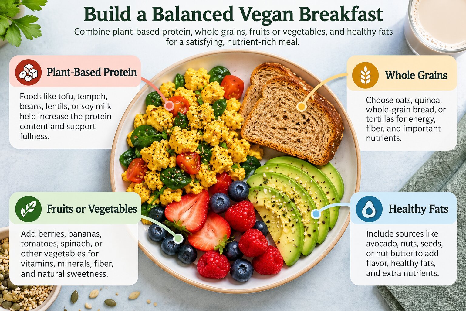 Build a balanced high-protein vegan breakfast with plant-based foods.