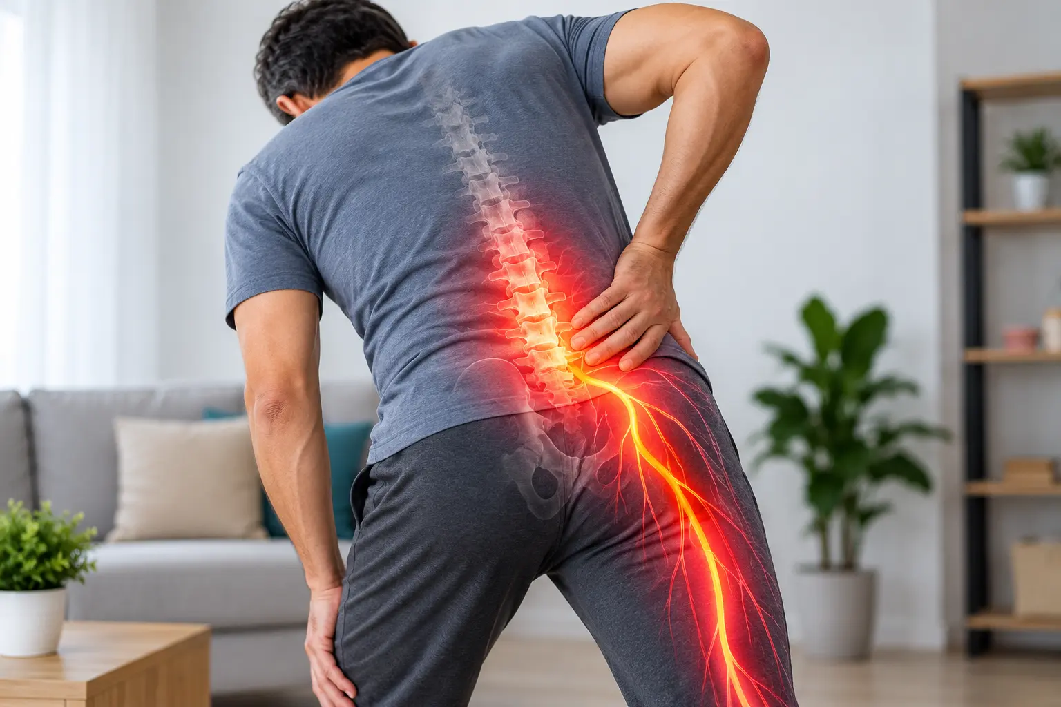 Man holding his lower back with a medical illustration highlighting the sciatic nerve.