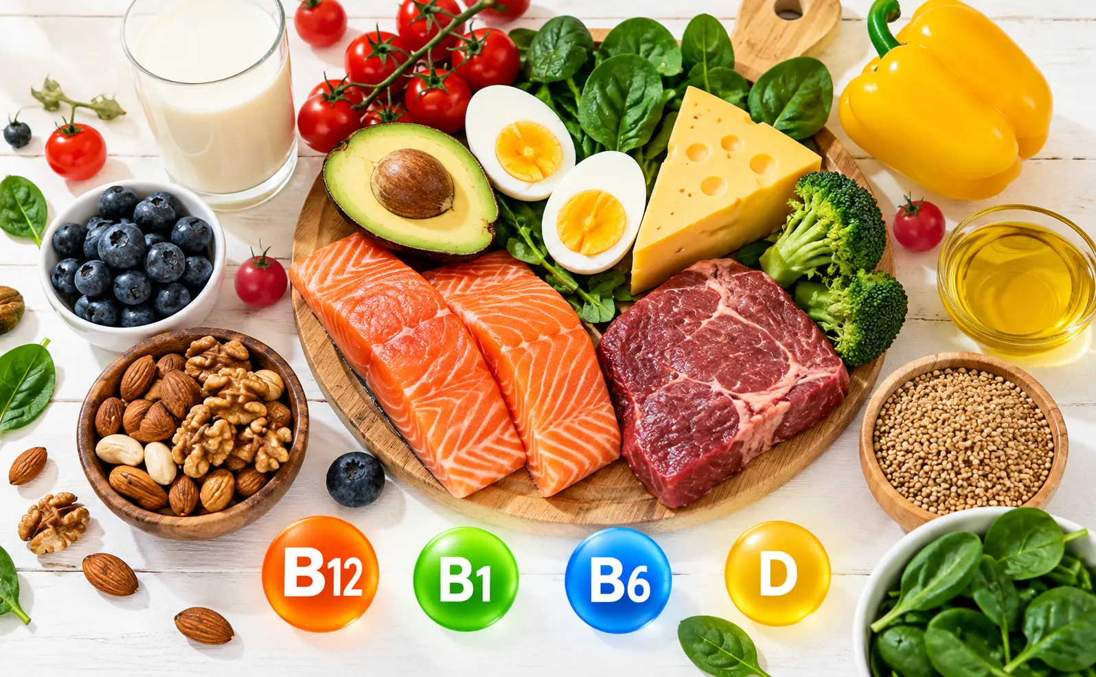 Vitamin-rich foods including salmon, eggs, spinach, avocado, milk, blueberries, and nuts.